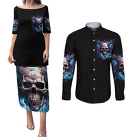 Wings Skull Couples Matching Puletasi Dress and Long Sleeve Button Shirt Heaven Don't Want Me Hell Afraid I Take Over - Wonder Print Shop
