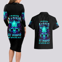 Flame Skull Couples Matching Long Sleeve Bodycon Dress and Hawaiian Shirt I'm Never Alone My Demons With Me 24/7 - Wonder Print Shop