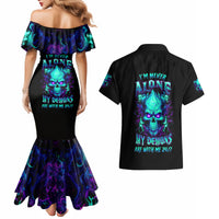 Flame Skull Couples Matching Mermaid Dress and Hawaiian Shirt I'm Never Alone My Demons With Me 24/7 - Wonder Print Shop