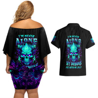Flame Skull Couples Matching Off Shoulder Short Dress and Hawaiian Shirt I'm Never Alone My Demons With Me 24/7 - Wonder Print Shop