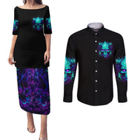 Flame Skull Couples Matching Puletasi Dress and Long Sleeve Button Shirt I'm Never Alone My Demons With Me 24/7 - Wonder Print Shop