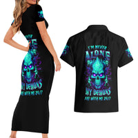 Flame Skull Couples Matching Short Sleeve Bodycon Dress and Hawaiian Shirt I'm Never Alone My Demons With Me 24/7 - Wonder Print Shop