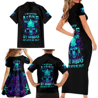 Flame Skull Family Matching Short Sleeve Bodycon Dress and Hawaiian Shirt I'm Never Alone My Demons With Me 24/7 - Wonder Print Shop