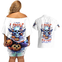 Bat Skull Couples Matching Off Shoulder Short Dress and Hawaiian Shirt I Talk I Smile But Be Carefull When I Silent - Wonder Print Shop