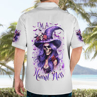 White short-sleeve button-up with I'm A Haunt Mess witch skull purple graphic on back.