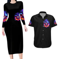 Fire Witch Skull Couples Matching Long Sleeve Bodycon Dress and Hawaiian Shirt In My Defense The Moon Was Full And I Was Left Unsupervided - Wonder Print Shop