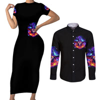 Fire Witch Skull Couples Matching Short Sleeve Bodycon Dress and Long Sleeve Button Shirt In My Defense The Moon Was Full And I Was Left Unsupervided - Wonder Print Shop