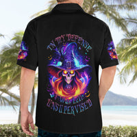Black Hawaiian shirt with back print of witch skull wearing a hat and glowing flames