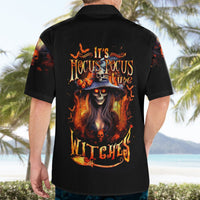 Black Hawaiian shirt with large fiery witch skull back graphic