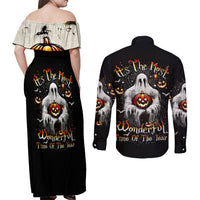 Ghost Halloween Couples Matching Off Shoulder Maxi Dress and Long Sleeve Button Shirt It's The Most Wonderfull Time Of The Year - Wonder Print Shop