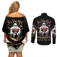 Ghost Halloween Couples Matching Off Shoulder Short Dress and Long Sleeve Button Shirt It's The Most Wonderfull Time Of The Year - Wonder Print Shop