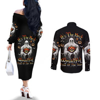Ghost Halloween Couples Matching Off The Shoulder Long Sleeve Dress and Long Sleeve Button Shirt It's The Most Wonderfull Time Of The Year DT01