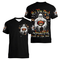 Ghost Halloween Women V Neck T Shirt It's The Most Wonderfull Time Of The Year - Wonder Print Shop