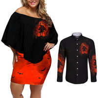 Jack O Lantern Skull Couples Matching Off Shoulder Short Dress and Long Sleeve Button Shirt Hello Darkness My Old Friend - Wonder Print Shop
