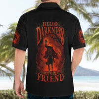 Black Hawaiian shirt with back design and red 'HELLO DARKNESS' lettering