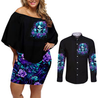 Flower Lady Skull Couples Matching Off Shoulder Short Dress and Long Sleeve Button Shirt Don't Try To Figure Me Out - Wonder Print Shop
