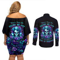Flower Lady Skull Couples Matching Off Shoulder Short Dress and Long Sleeve Button Shirt Don't Try To Figure Me Out - Wonder Print Shop