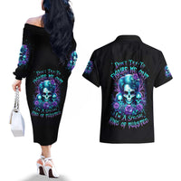 Flower Lady Skull Couples Matching Off The Shoulder Long Sleeve Dress and Hawaiian Shirt Don't Try To Figure Me Out - Wonder Print Shop