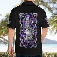 Black short-sleeve Hawaiian shirt with large purple mermaid skull skeleton graphic on back