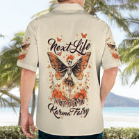 Beige short-sleeve button-up shirt with 'Next Life' fairy skull back graphic