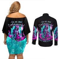 Flame Witch Skull Couples Matching Off Shoulder Short Dress and Long Sleeve Button Shirt I'm An Odd Combination Of Sweet And Don't Mess With Me - Wonder Print Shop