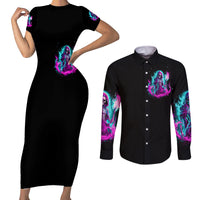 Flame Witch Skull Couples Matching Short Sleeve Bodycon Dress and Long Sleeve Button Shirt I'm An Odd Combination Of Sweet And Don't Mess With Me - Wonder Print Shop
