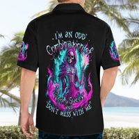Black Hawaiian button-up with neon skull-witch graphic on back