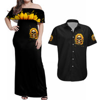 Sunflower Skull Couples Matching Off Shoulder Maxi Dress and Hawaiian Shirt She Is Sunshine Mixed With A Little Hurricance - Wonder Print Shop