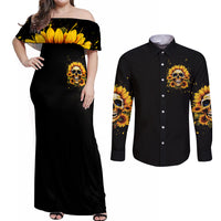 Sunflower Skull Couples Matching Off Shoulder Maxi Dress and Long Sleeve Button Shirt She Is Sunshine Mixed With A Little Hurricance - Wonder Print Shop