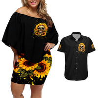 Sunflower Skull Couples Matching Off Shoulder Short Dress and Hawaiian Shirt She Is Sunshine Mixed With A Little Hurricance - Wonder Print Shop