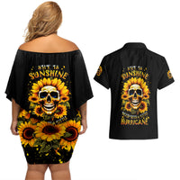 Sunflower Skull Couples Matching Off Shoulder Short Dress and Hawaiian Shirt She Is Sunshine Mixed With A Little Hurricance - Wonder Print Shop