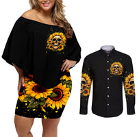 Sunflower Skull Couples Matching Off Shoulder Short Dress and Long Sleeve Button Shirt She Is Sunshine Mixed With A Little Hurricance - Wonder Print Shop