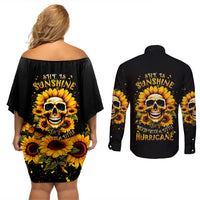 Sunflower Skull Couples Matching Off Shoulder Short Dress and Long Sleeve Button Shirt She Is Sunshine Mixed With A Little Hurricance - Wonder Print Shop