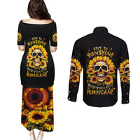 Sunflower Skull Couples Matching Puletasi Dress and Long Sleeve Button Shirt She Is Sunshine Mixed With A Little Hurricance - Wonder Print Shop