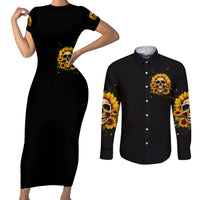 Sunflower Skull Couples Matching Short Sleeve Bodycon Dress and Long Sleeve Button Shirt She Is Sunshine Mixed With A Little Hurricance - Wonder Print Shop