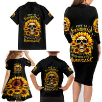 Sunflower Skull Family Matching Long Sleeve Bodycon Dress and Hawaiian Shirt She Is Sunshine Mixed With A Little Hurricance - Wonder Print Shop