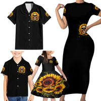 Sunflower Skull Family Matching Short Sleeve Bodycon Dress and Hawaiian Shirt She Is Sunshine Mixed With A Little Hurricance - Wonder Print Shop
