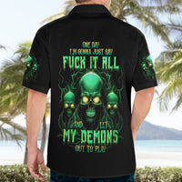 Black Hawaiian shirt back print with green skull demon graphic, short sleeves, button-up