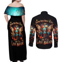 Couple Skull Couples Matching Off Shoulder Maxi Dress and Long Sleeve Button Shirt From Our First Kiss Till Our Last Breath - Wonder Print Shop