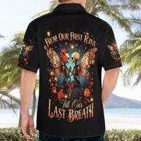 Black Hawaiian shirt with back skull-butterfly graphic and “From Our First Kiss” text