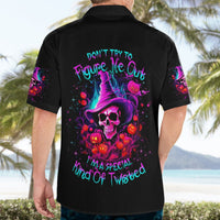Black short-sleeve button-up Hawaiian shirt, back witch hat skull surrounded by pumpkins.