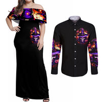 Wizard Skull Halloween Couples Matching Off Shoulder Maxi Dress and Long Sleeve Button Shirt Don't Try To Figure Me Out I'm A Special - Wonder Print Shop