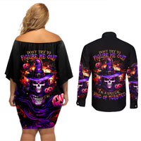 Wizard Skull Halloween Couples Matching Off Shoulder Short Dress and Long Sleeve Button Shirt Don't Try To Figure Me Out I'm A Special - Wonder Print Shop