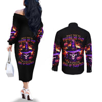 Wizard Skull Halloween Couples Matching Off The Shoulder Long Sleeve Dress and Long Sleeve Button Shirt Don't Try To Figure Me Out I'm A Special DT01