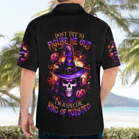 Black short-sleeve button-up Hawaiian shirt worn from back with wizard skull graphic