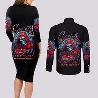 Lady Skull Couples Matching Long Sleeve Bodycon Dress and Long Sleeve Button Shirt They Ask You To Be Yourself And Yet They Judge You - Wonder Print Shop