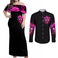 Three Rose Skull Couples Matching Off Shoulder Maxi Dress and Long Sleeve Button Shirt Stuck Between Idk Idc And Idgaf - Wonder Print Shop