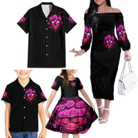 Three Rose Skull Family Matching Off Shoulder Long Sleeve Dress and Hawaiian Shirt Stuck Between Idk Idc And Idgaf - Wonder Print Shop