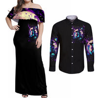 Witch Skull Couples Matching Off Shoulder Maxi Dress and Long Sleeve Button Shirt Hello Darkness My Old Friend - Wonder Print Shop