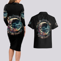 Moon Skull Couples Matching Long Sleeve Bodycon Dress and Hawaiian Shirt Hello Darkness My Old Friend Moon - Wonder Print Shop
